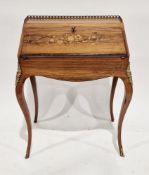 19th century continental rosewood marquetry inlaid lady's bureau, the top with pierced brass gallery