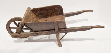 Vintage rustic wooden wheelbarrow with wooden six-spoke wheel, 57cm high x 161cm long x 57cm wide