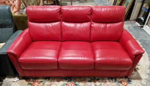 Red stitched leather-effect three-seater sofa with fixed cushion back and seat, 99cm high x 193cm