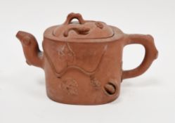 19th century Chinese Yixing teapot and cover with branch moulded spout and handle, moulded in high