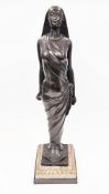 Art Deco style bronze and marble mounted female figure, cast standing, scantily draped on a