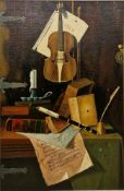 G. Gosztonyi (20th century) Oil on board Still life of violin, books and sheet music, signed and