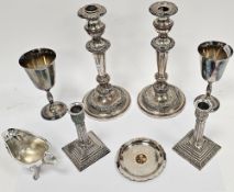 Mixed lot of silver plate including pair of Sheffield plate candlesticks, 30cm high, another pair of