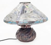 Tiffany-style table lamp, the shade of conical form and the base of bulbous form, both decorated