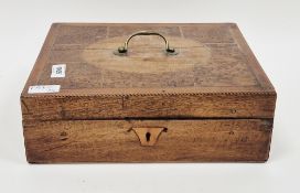 19th century mahogany, burr walnut and chequered inlaid box, the hinged lid with brass loop handle