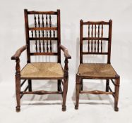 Set of eight oak Lancashire-style dining chairs (including two carvers) with spindle backs and
