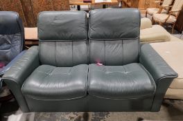 Stressless Ekornes two-seater sofa upholstered in dark green fabric, 93cm high x 159cm wide x 72cm
