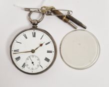 Victorian silver open-faced pocket watch, the enamel dial with Roman numeral hour markers, seconds