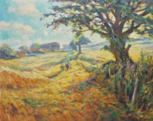 Dugald Stark (b.1957) Oil on canvas Rural scene with two figures in a field, farm buildings in