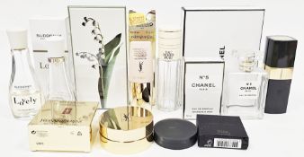 Collection of perfumes, empty perfume bottles and cosmetics including sealed Chanel no.5 Eau de