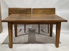 Modern oak draw leaf dining room table, the rectangular with two draw leaves to ends, on square
