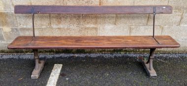 Late 19th/early 20th century reversible tram bench, the adjustable back with elm back rail and elm