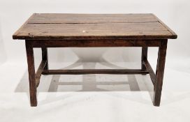 18th century oak dining table, the rectangular two-plank top with cleated ends, on square legs