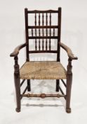 Lancashire-style spindle back elbow dining chair with rush seat, 106cm high x 63cm wide x 48cm deep