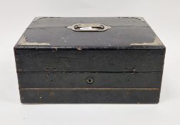 19th century black tooled leather covered writing / stationery box, the hinged lid opening to an