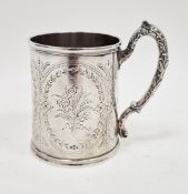 Victorian silver engraved cylindrical christening mug, engraved with cartouches and flowers,