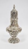 Large silver sugar caster by John Hunt, London 1901, of baluster form with pierced pull-off cover
