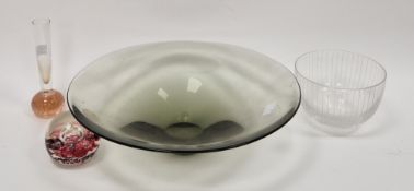 Dartington bowl etched with linear pattern, a Holmegaard smoky tint flared bowl etched Holmegaard 19