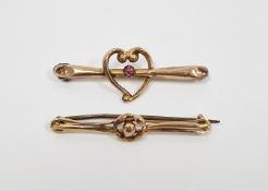 Victorian gold bar brooch with heart decoration, marked 9ct and another gold bar brooch, marked 9ct,