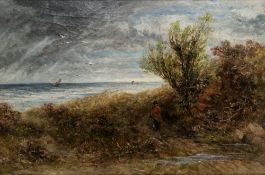 19th century English school Oil on canvas Stormy coastal scene with figure looking out to sea,