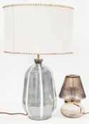 Soho Home Sadie ceramic table lamp with tonal reactive glaze and white stripes, with a natural linen