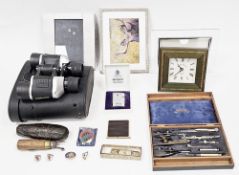 Mixed lot of collectables including cased timber scribe or race knife, Ronson lighter, BP items