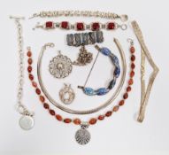 Mexican silver and red hardstone bracelet, abalone shell set bracelet, silver coloured metal