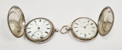 Two 19th century silver full hunter pocket watches, both enamel dials having Roman numeral hour
