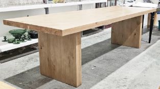 Contemporary wood veneered refectory-style table, the rectangular top on two solid supports, 76cm