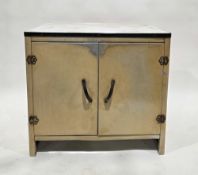 Early to mid-20th century aluminium cabinet having a white enamel top over a cream finished base