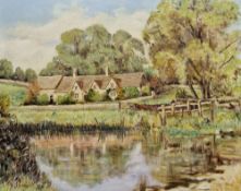 R. Thorpe  Oil on board Rural scene with river and dwellings, signed lower left, 41cm x 51cm,