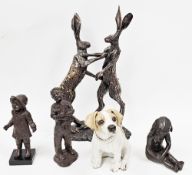 Cold cast resin bronze model of two boxing hares, sculpted by Paul Jenkins and titled 'Hannah and