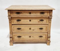 19th century continental pine chest, the rectangular top with thumbmoulded edge, over four long
