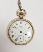 9ct gold cased Waltham (USA) pocket watch, white enamelled dial, Roman numerals, seconds