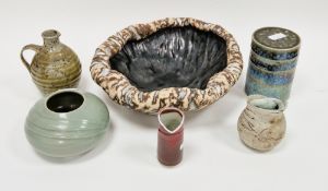 Collection of studio pottery including a stoneware jug with ash and oxide streaked glaze,