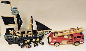 Pintoy wooden fire engine and fire officers together with a wooden pirate ship and pirate crew