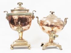 Regency copper and brass samovar of rectangular vase form, the domed lid with brass winged finial,