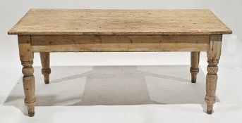 19th century pine farmhouse kitchen table with plank top, with drawer to one end with china knob