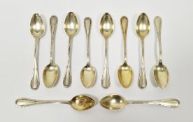 Ten German silver-gilt teaspoons, late 19th century, stamped 800, 2.77 ozt  (wear to gilding)