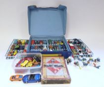 Quantity of playworn Corgi, Matchbox diecast model cars in a Matchbox carrying case together with
