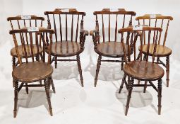 Se of six 19th century stained beech wood penny chairs (including two carvers), having spindle