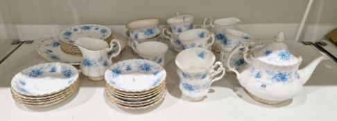 Royal Albert bone china Windsor Rose pattern part tea service, printed with blue vignettes of