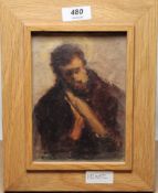 20th century school Oil on canvas Portrait of a monk or robed figure holding a book, unsigned,