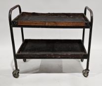 Early to mid-20th century industrial two-tier trolley with two rectangular wooden trays held on a