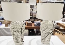 Pair of Pooky white glazed majolica-style pinecone-shaped large table lamps with white drum-shaped