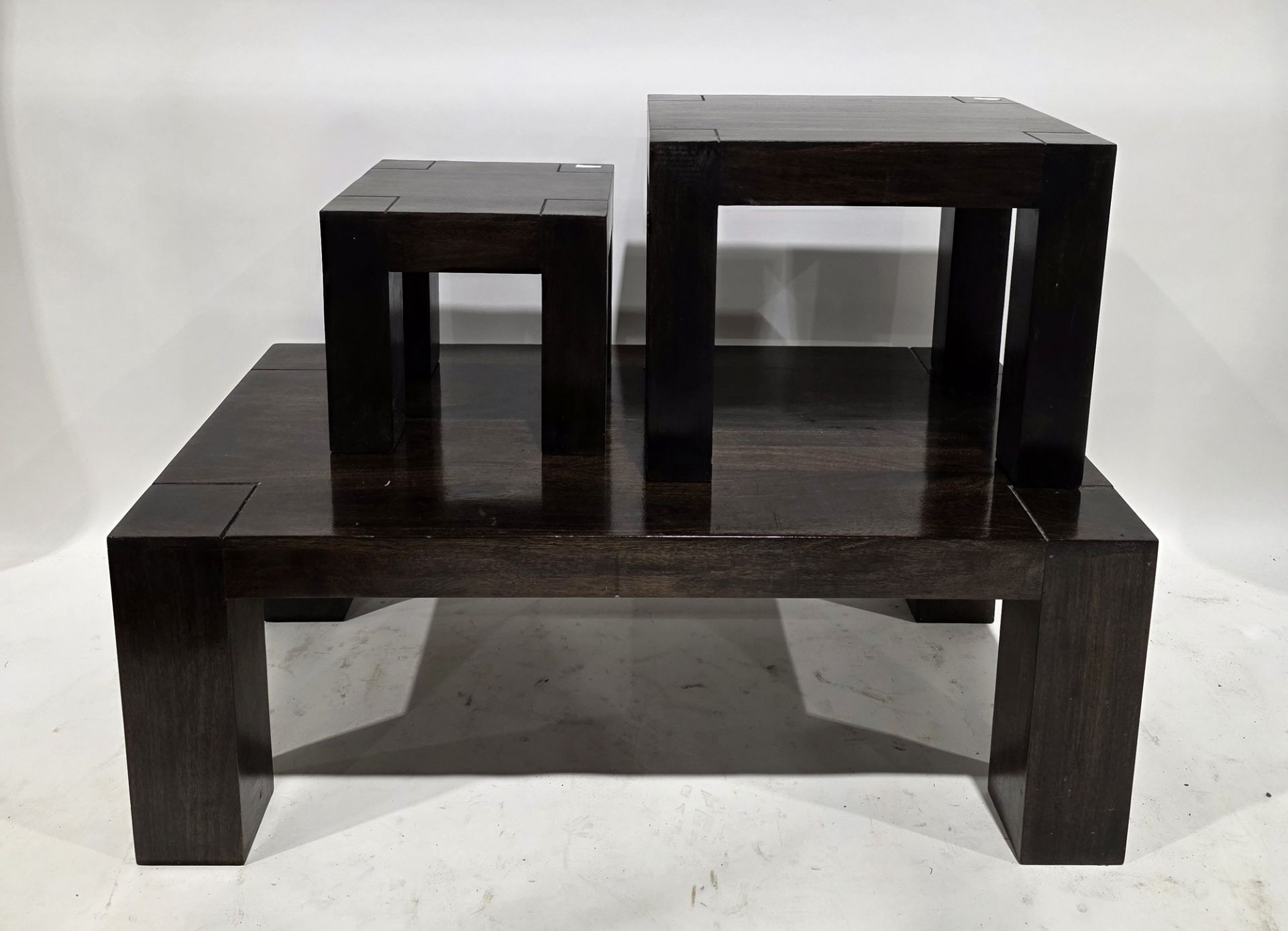 Modern set of three dark hardwood coffee tables retailed by Ultimate Products, each table on - Image 2 of 2