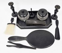 Collection of late 19th / early 20th century ebony dressing table items, including tray, two glass