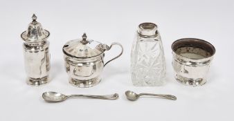Silver three-piece condiment set, Birmingham 1931, of circular panelled design comprising
