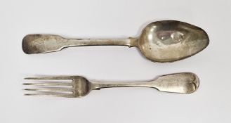 George III silver fiddle pattern tablespoon, monogrammed (some wear) and a George IV silver table