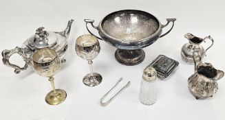 Collection of silver plated items including a secessionist hammered fruit bowl, various teapots,